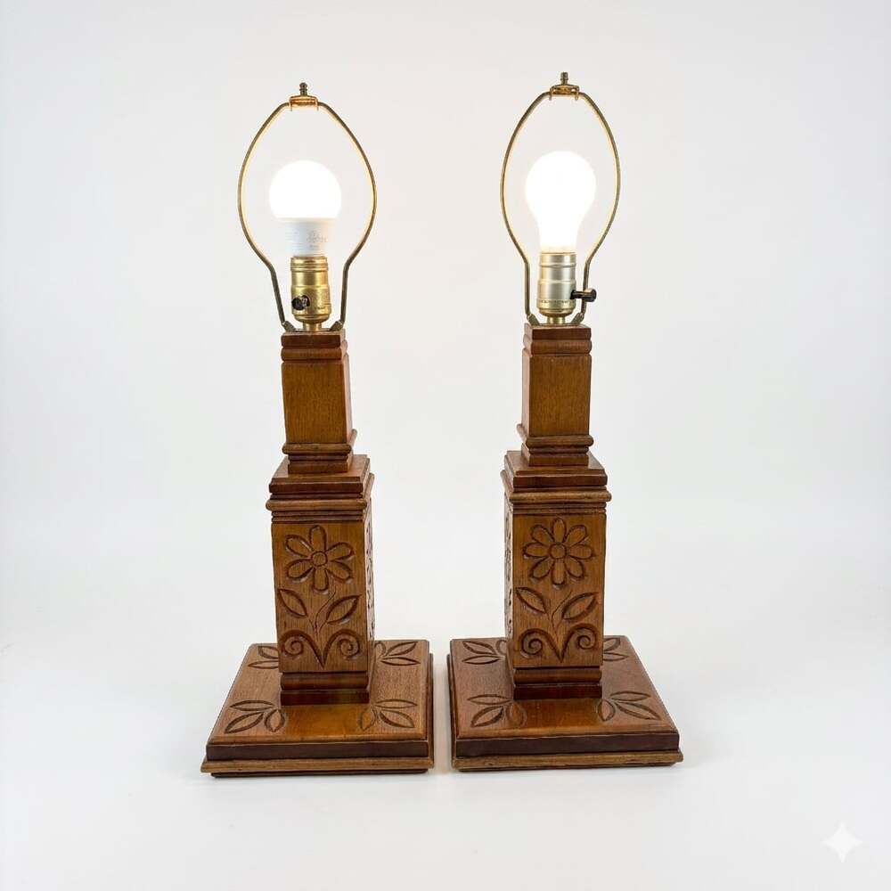 Vintage Mid-Century Modern Carved Wood Floral Table Lamps, Set of 2